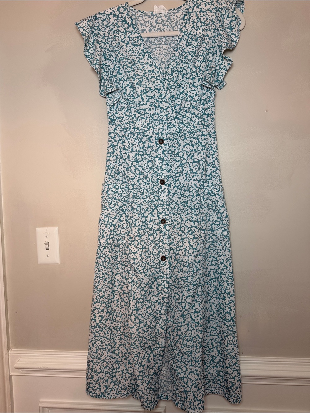 Sienna Sky Cottagecore Teal Floral Faux-wrap Button-Front Midi Dress. Size Small